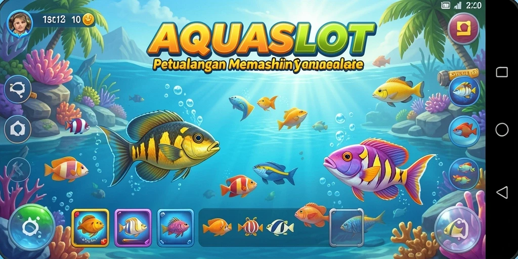 Screenshot gameplay AQUASLOT menunjukkan serunya menangkap ikan yang beragam.