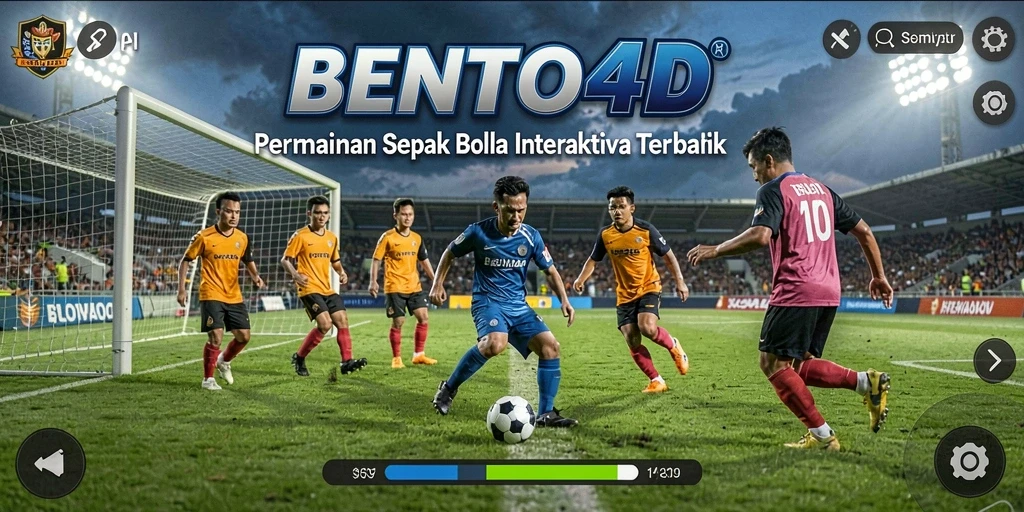 Screenshot utama BENTO4D menampilkan aksi sepak bola yang mendebarkan.