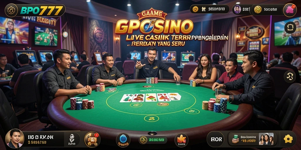 Screenshot BPO777 menampilkan dealer langsung dalam suasana kasino yang nyata.