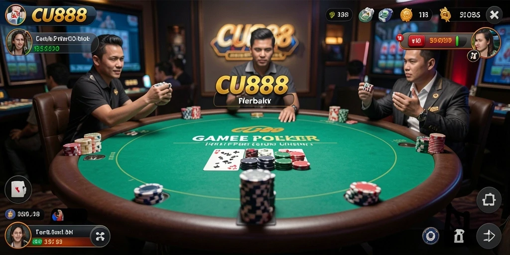 Screenshot gameplay CU888 yang menggambarkan momen seru bermain poker.