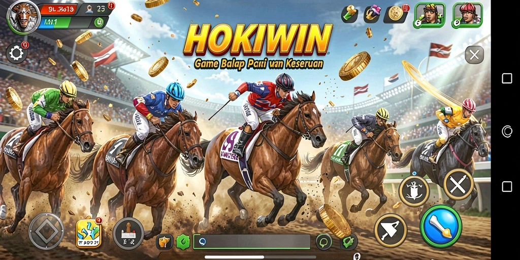 Tampilan gameplay HOKIWIN dengan mobil balap yang membara di jalur yang menantang.