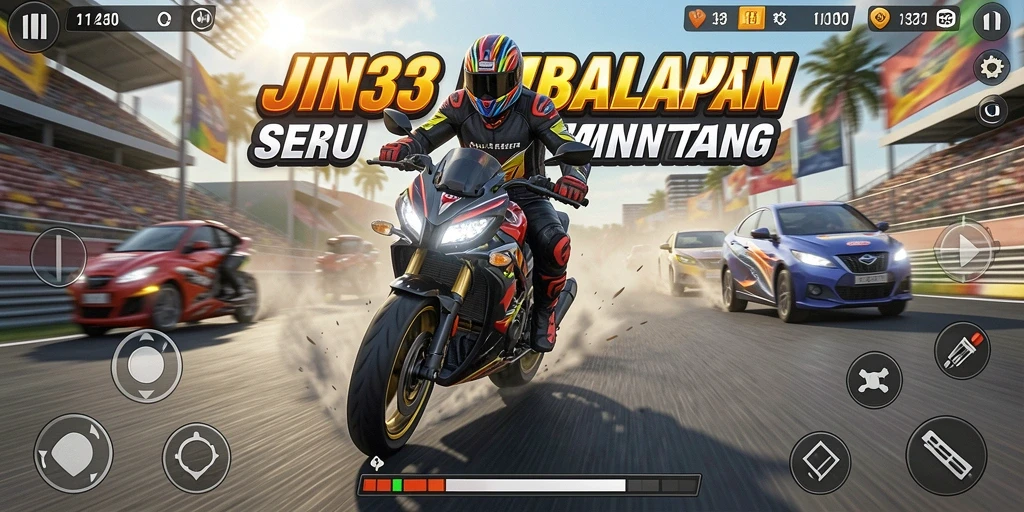 Tangkapan layar gameplay JIN33 menampilkan balapan motor yang seru.