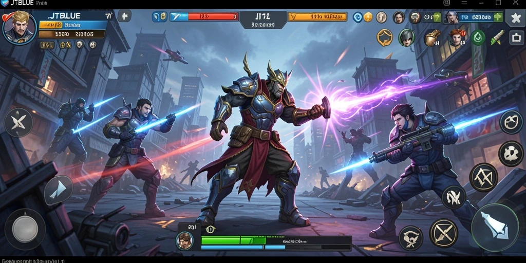 Tangkapan layar gameplay JTBLUE menunjukkan pertarungan seru dan karakter yang dinamis.
