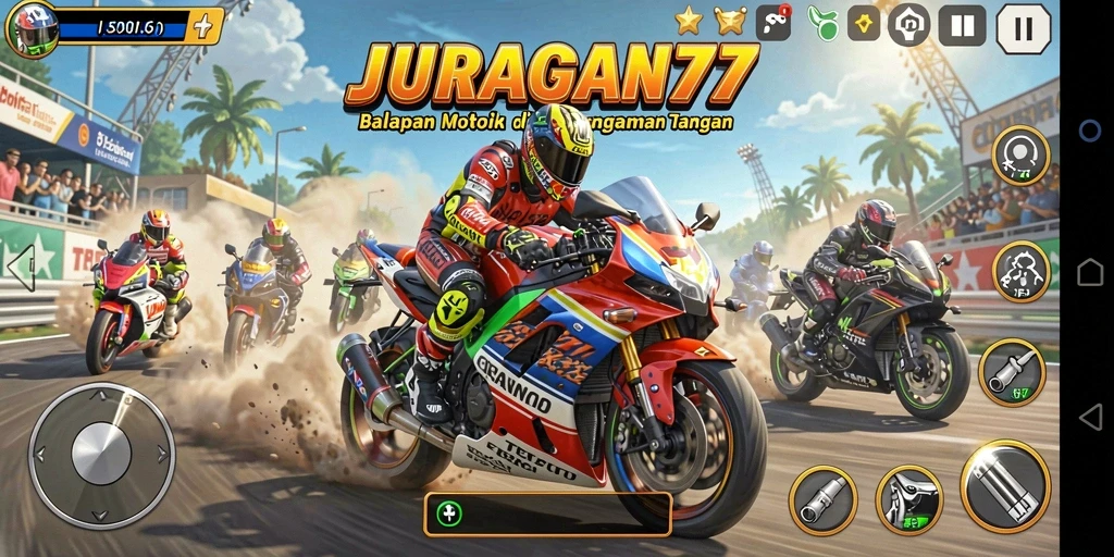 Gameplay mendebarkan JURAGAN77 dengan balapan motor yang intens.