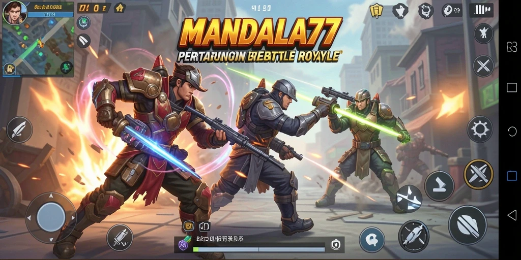 Tangkapan layar utama MANDALA77 menampilkan aksi seru dalam permainan Battle Royale.