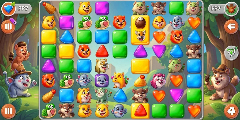 Screenshot gameplay PP7 menampilkan aksi Match-3 yang seru dan mengasyikkan.