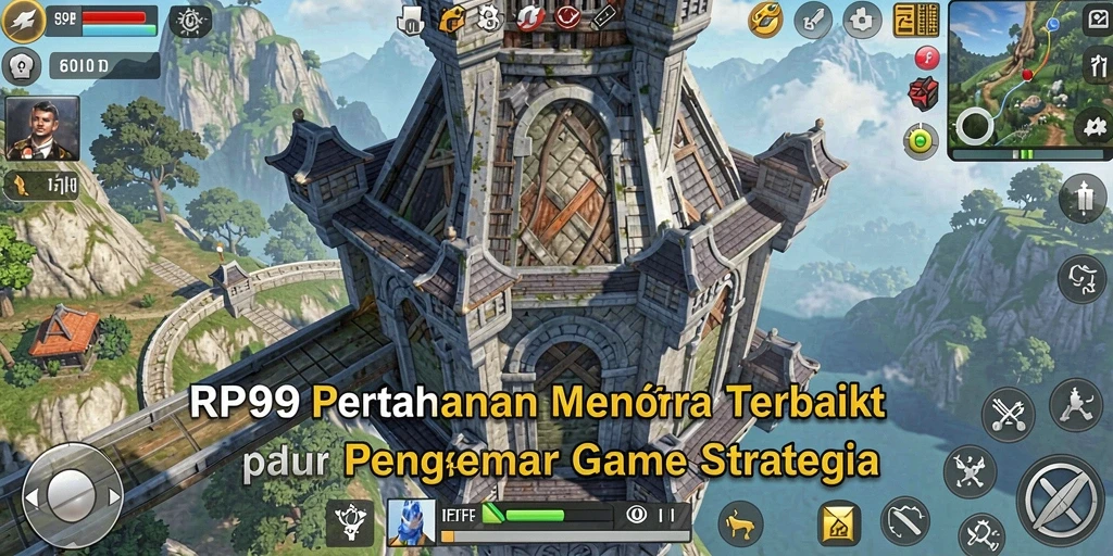 Tampilan gameplay RP99 dengan menara yang strategis dan musuh yang menyerang.