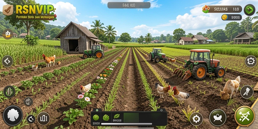 Screenshot gameplay RSNVIP menampilkan ladang yang subur dan alat pertanian.