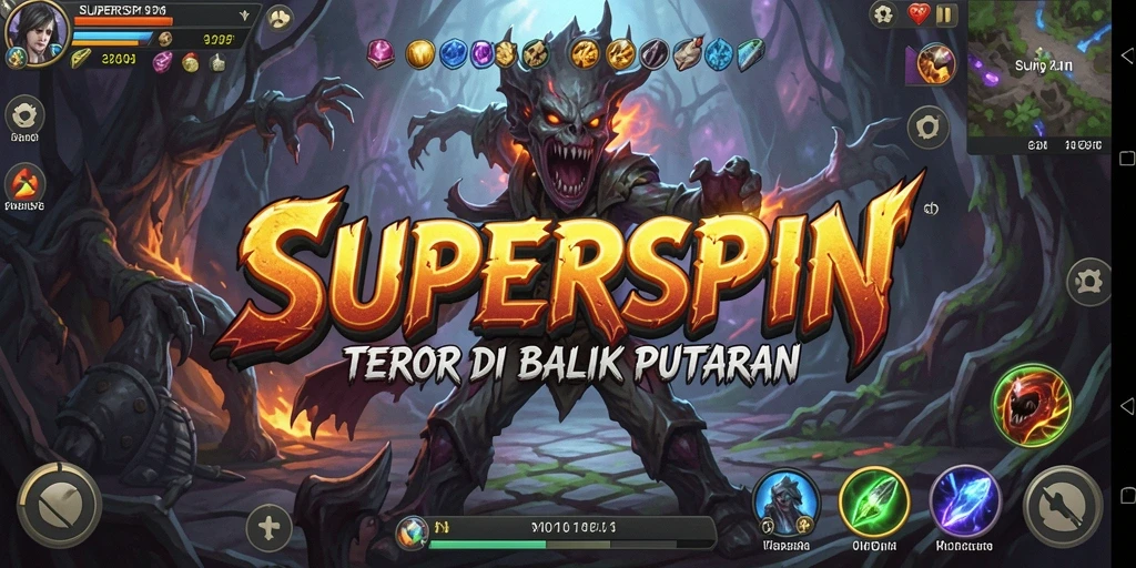 Screenshot gameplay <strong>SUPERSPIN</strong> menunjukkan suasana menakutkan dan penuh ketegangan.